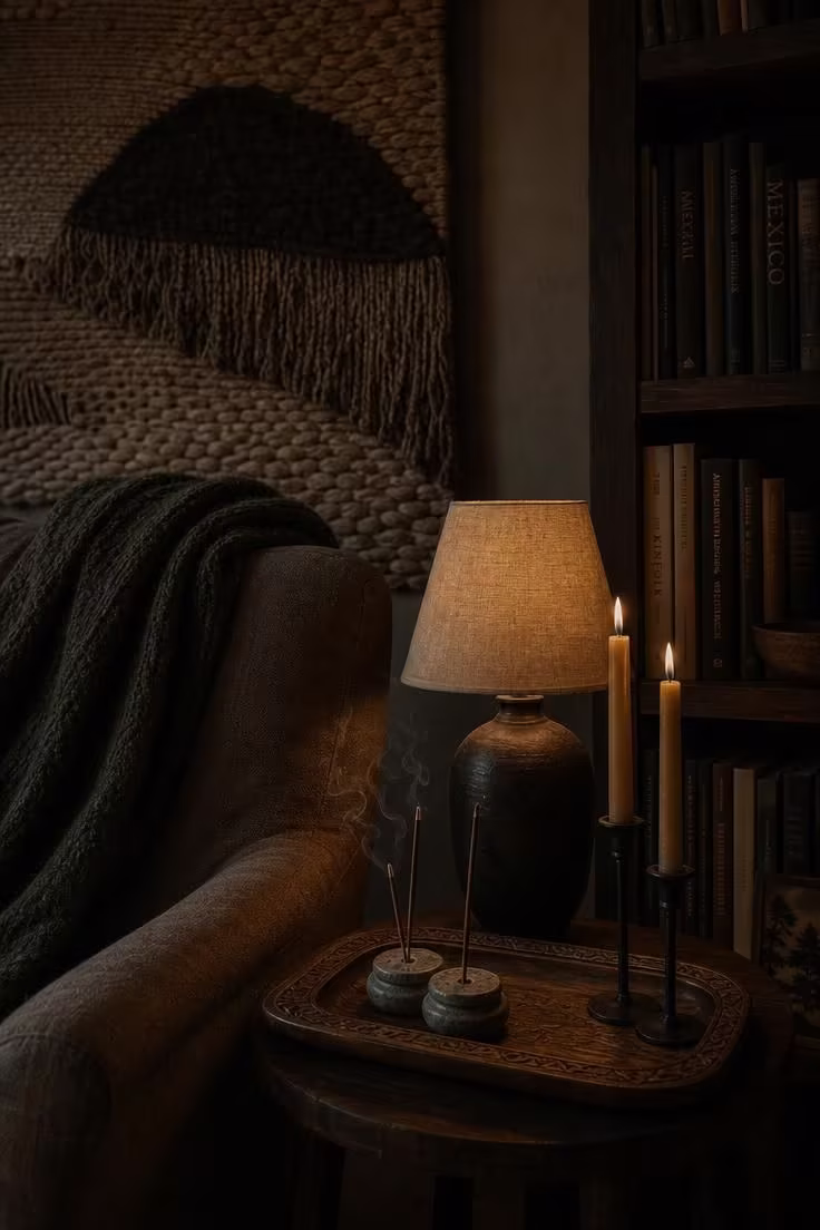 14 Dreamy Boho Reading Nook Ideas for Lazy Afternoons 14 A carved wood tray with soapstone incense holders and beeswax tapers beside a mushroom-toned armchair with a forest green throw and woven wall art.
