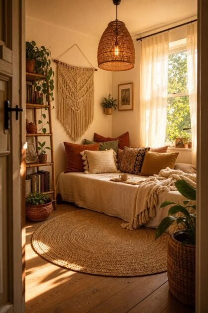 14 Dreamy Boho Reading Nook Ideas for Lazy Afternoons A complete boho reading nook with a linen daybed, bamboo shelves, trailing plants, macramé wall hanging, and warm golden afternoon light streaming through sheer curtains.