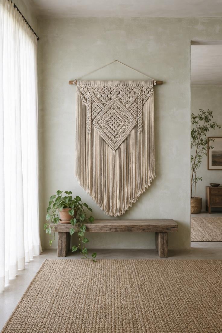 13 Beautiful Boho Wall Decor Ideas You Need to Try 1 Oversized cotton macramé diamond panel hanging on a limewash wall above a reclaimed wood bench with trailing pothos