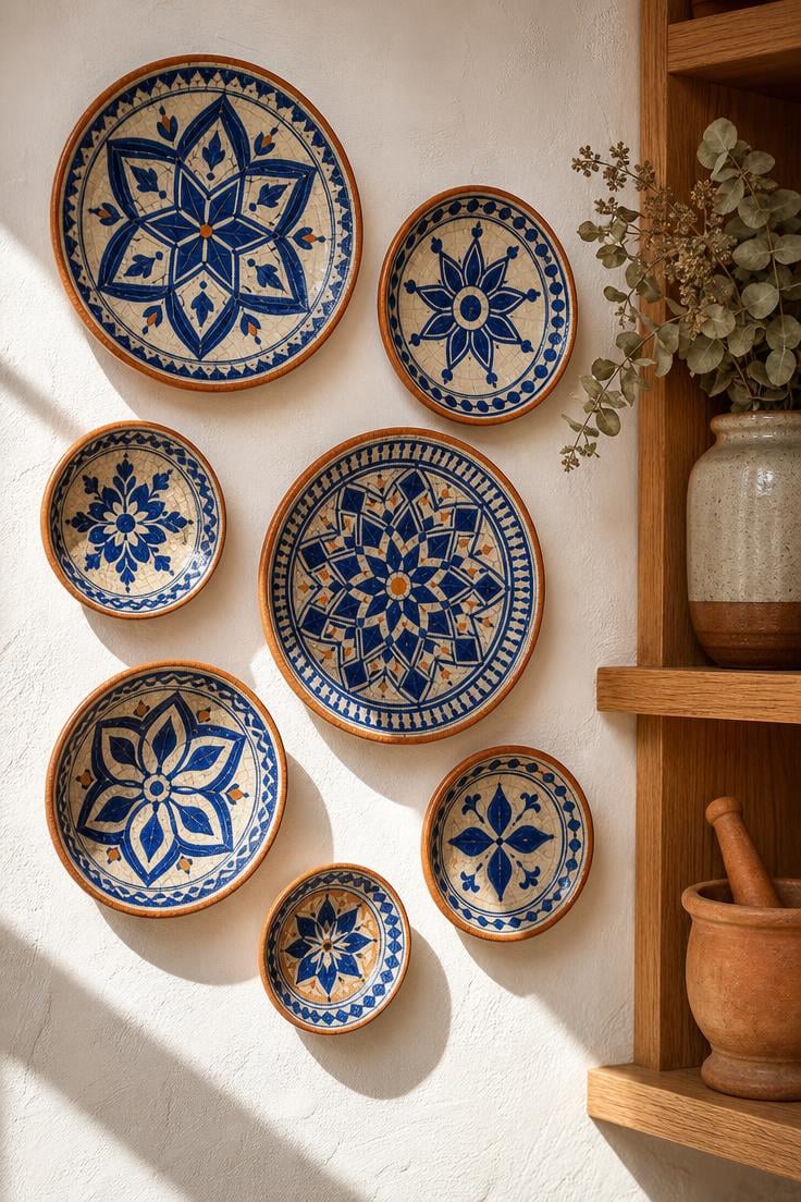 13 Beautiful Boho Wall Decor Ideas You Need to Try 2 Hand-painted Moroccan ceramic plates in cobalt and terracotta arranged on a white plaster kitchen wall