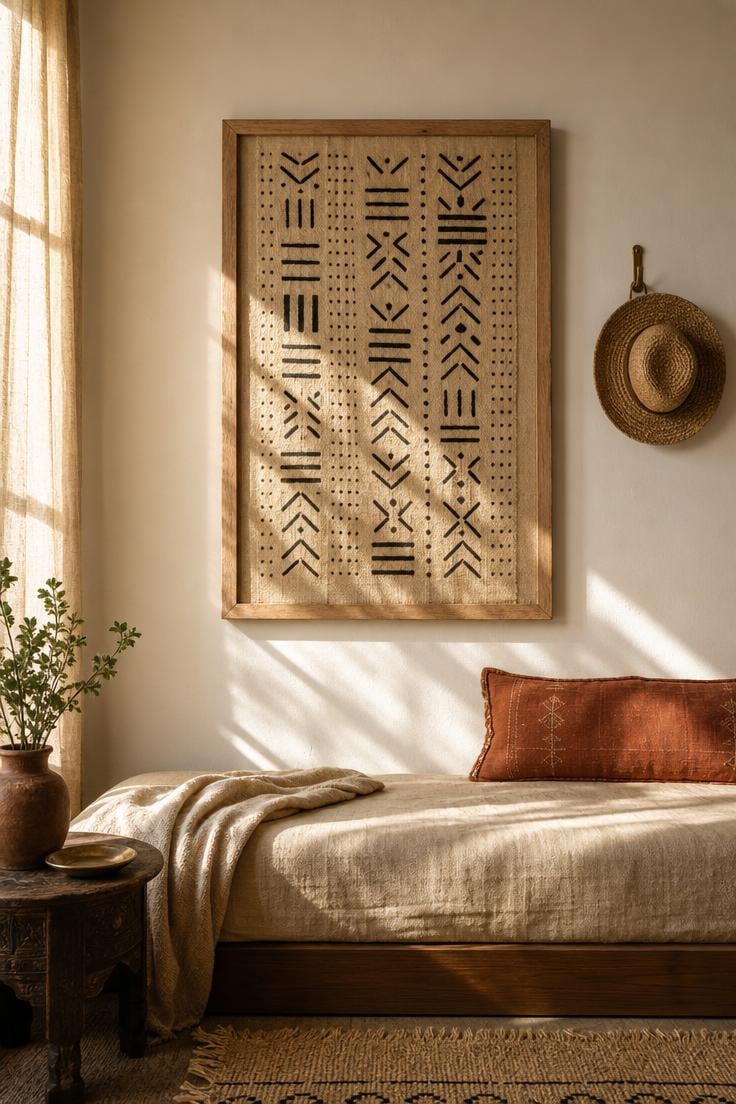 13 Beautiful Boho Wall Decor Ideas You Need to Try 3 Framed West African mud cloth with black geometric patterns on a warm white wall above a linen daybed