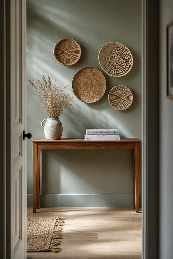 13 Beautiful Boho Wall Decor Ideas You Need to Try 4 Five woven seagrass and palm leaf baskets arranged in an arc on a sage green wall above a teak console