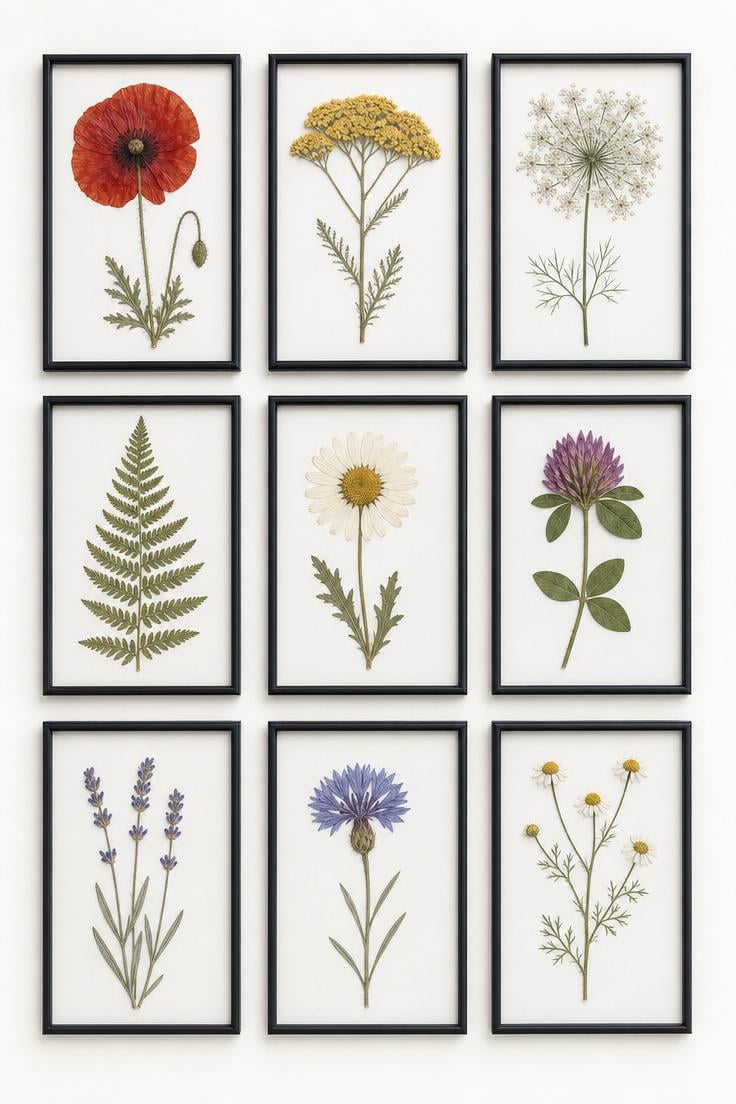 13 Beautiful Boho Wall Decor Ideas You Need to Try 5 Nine pressed wildflowers in slim black frames arranged in a precise 3x3 grid on a white wall