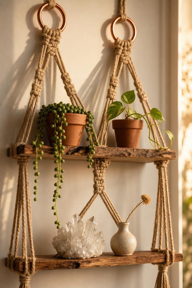 13 Beautiful Boho Wall Decor Ideas You Need to Try 6 Two-tier jute and copper ring macramé shelf with trailing string-of-pearls and small terracotta pots