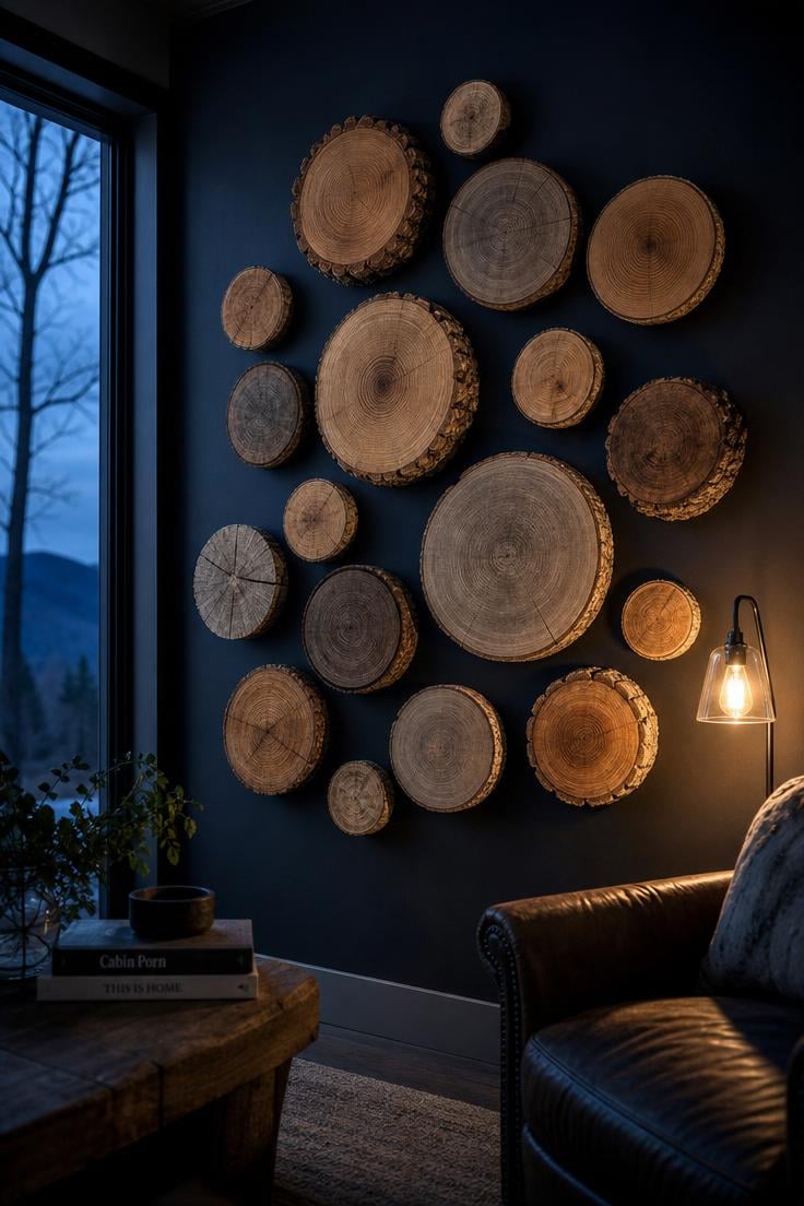 13 Beautiful Boho Wall Decor Ideas You Need to Try 7 Circular reclaimed barn wood slices in varying sizes clustered on a deep charcoal accent wall with warm lamp light