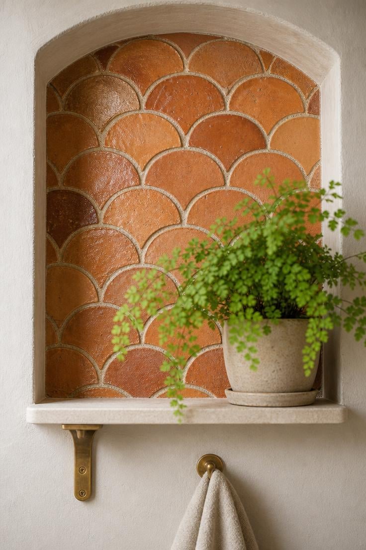 13 Beautiful Boho Wall Decor Ideas You Need to Try 9 Handmade terracotta half-moon tiles in a fish-scale pattern inside a bathroom alcove with a maidenhair fern