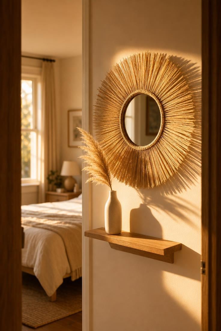 13 Beautiful Boho Wall Decor Ideas You Need to Try 10 Raffia sunburst mirror casting shadow patterns on a warm white wall with a dried pampas spray in a ceramic vase below