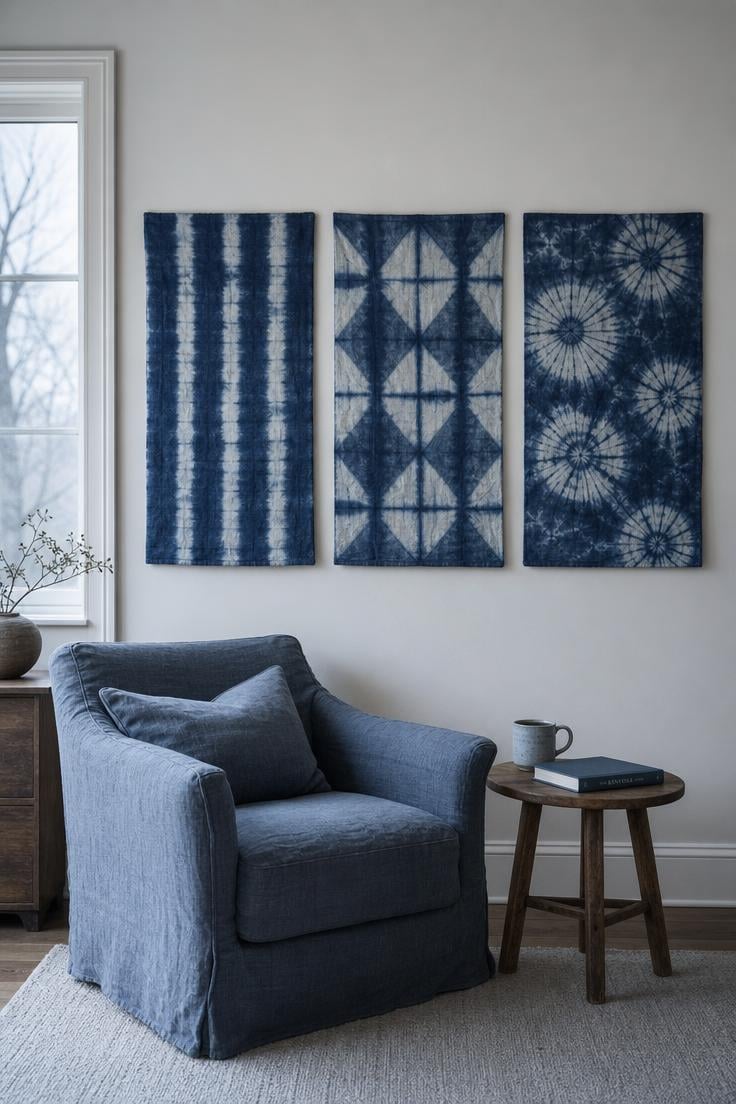 13 Beautiful Boho Wall Decor Ideas You Need to Try 11 Three indigo shibori-dyed linen panels on pine stretchers mounted as a triptych on a white wall above a reading chair
