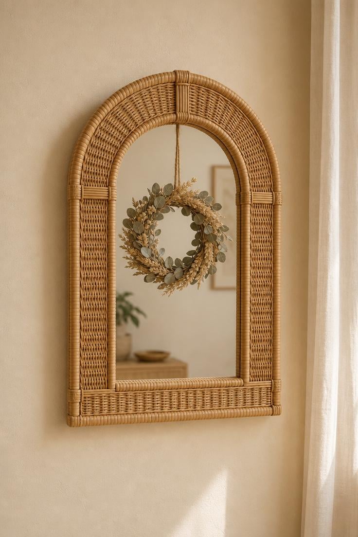13 Beautiful Boho Wall Decor Ideas You Need to Try 12 Woven rattan arch window frame mounted as wall sculpture on a sandy beige wall with a dried eucalyptus wreath inside