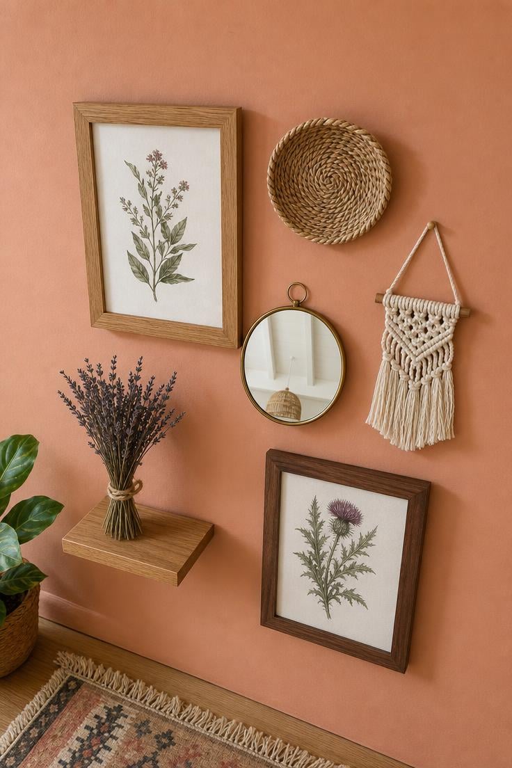 13 Beautiful Boho Wall Decor Ideas You Need to Try 13 Curated boho gallery wall with botanical prints, woven basket, mini macramé, small shelf and brass mirror on a terracotta wall
