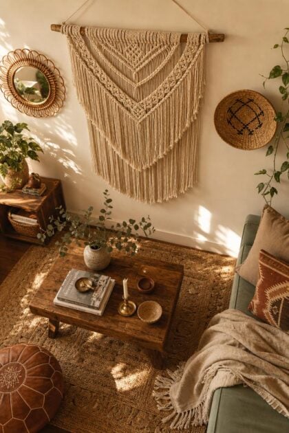 13 Beautiful Boho Wall Decor Ideas You Need to Try Cozy boho living space with macramé wall hanging, rattan mirror, wooden coffee table, jute rug, and warm afternoon light.