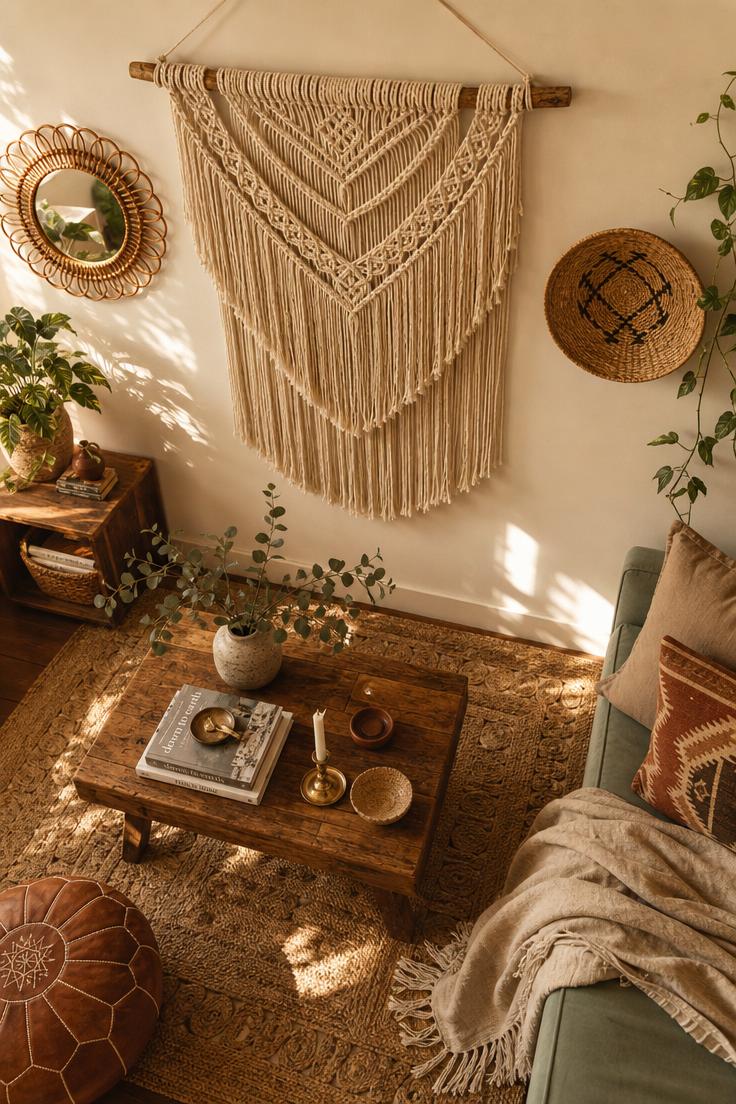 Cozy boho living space with macramé wall hanging, rattan mirror, wooden coffee table, jute rug, and warm afternoon light.