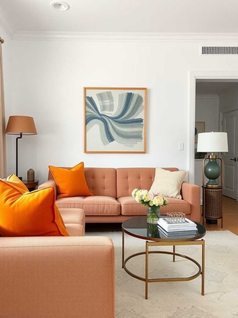 A modern living room featuring a peach sofa with orange pillows, a glass coffee table, and abstract wall art.