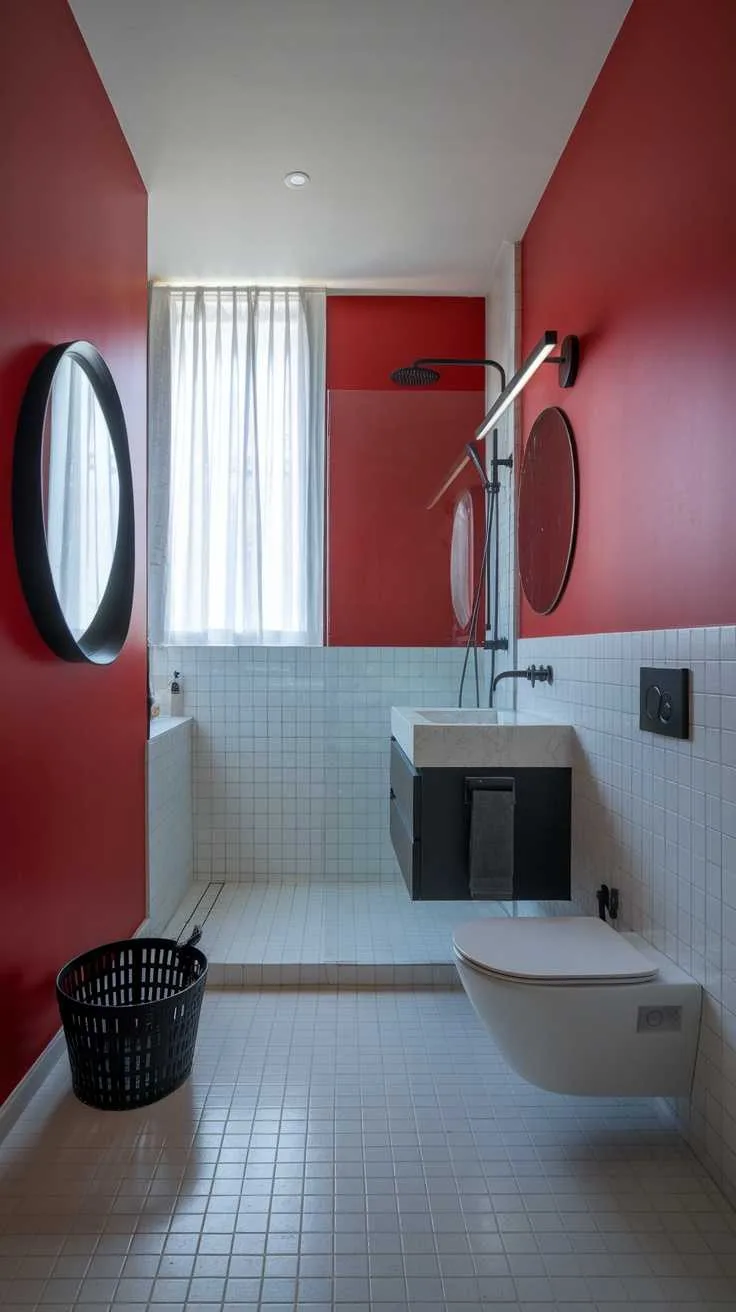 13 Red Bathroom Decor Ideas to Transform Your Space 8 A modern bathroom featuring dark red accent walls, white tiled flooring, and stylish fixtures.