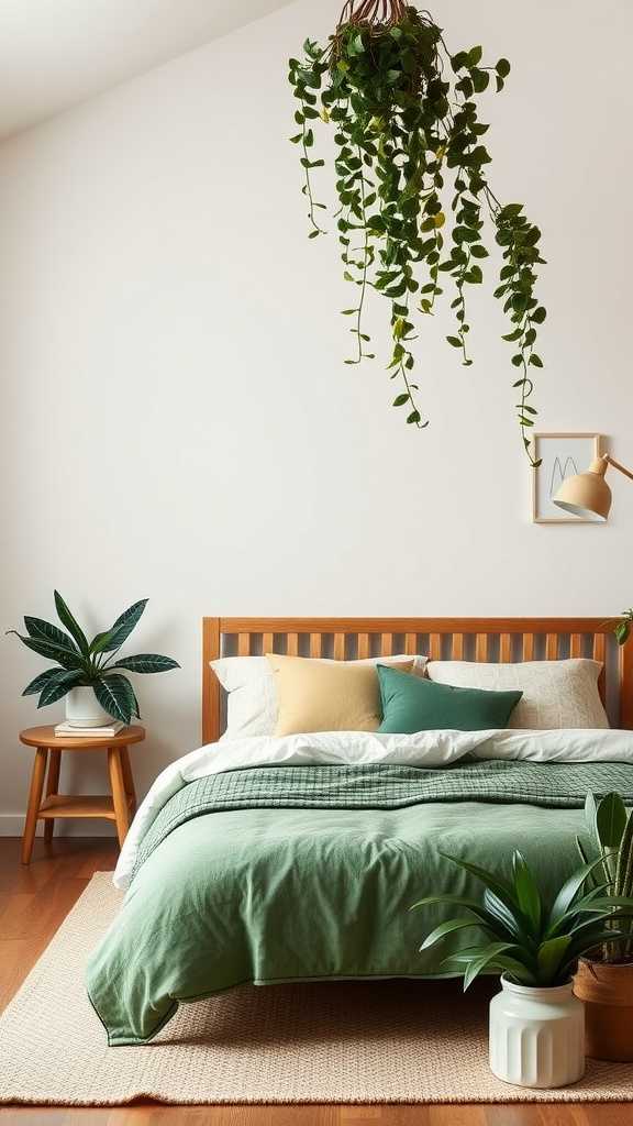 Olive green bedroom featuring plants and cozy decor