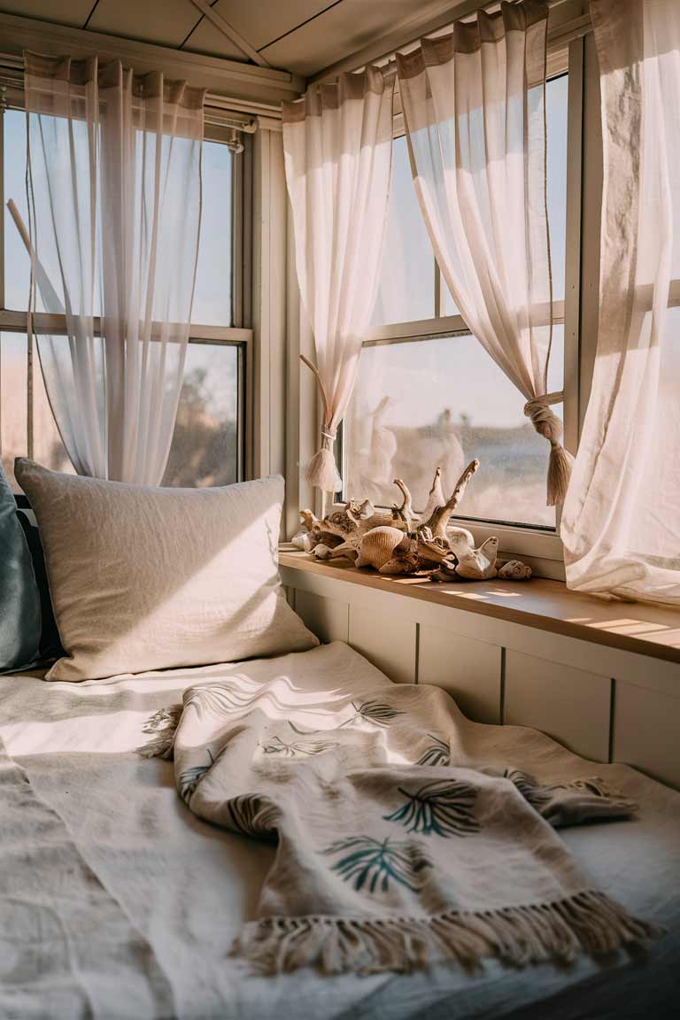 A bright tiny house bedroom with white linen bedding and a light cotton throw with a palm leaf print. The windows are dressed with sheer white curtains billowing in a breeze. On the nightstand, a collection of seashells and a piece of driftwood bring in beachy elements.