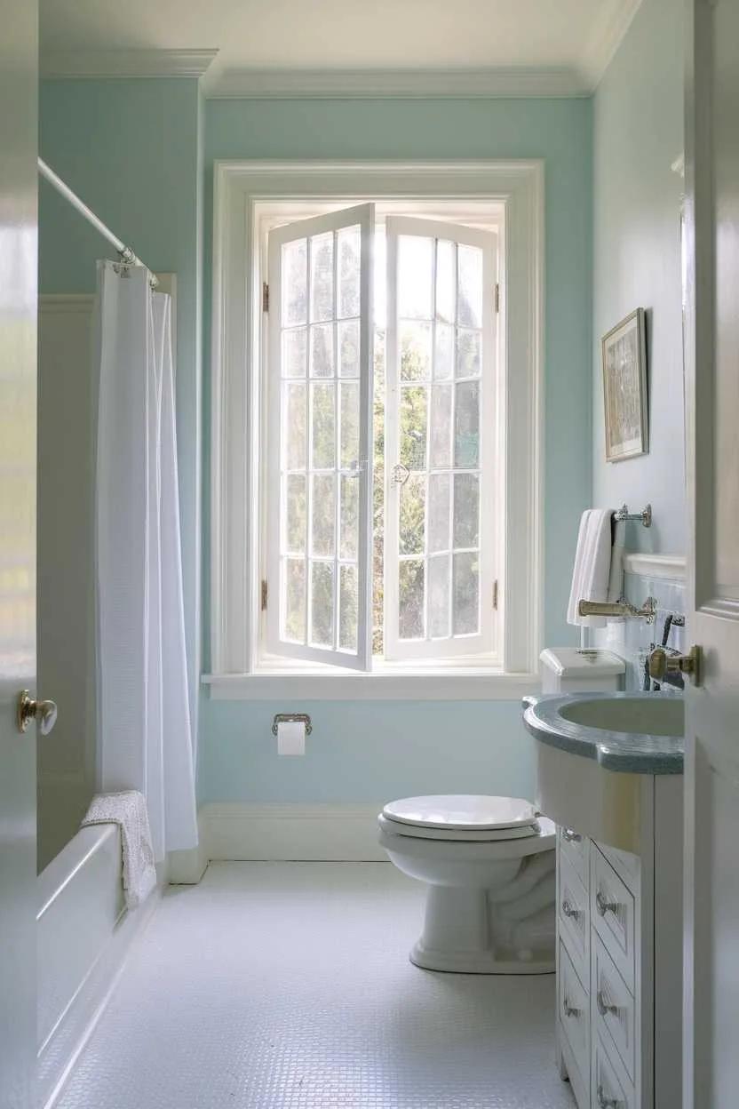 14 Light Blue Bathroom Ideas to Inspire Your Space 3 A bright and airy light blue bathroom with large windows and clean fixtures.