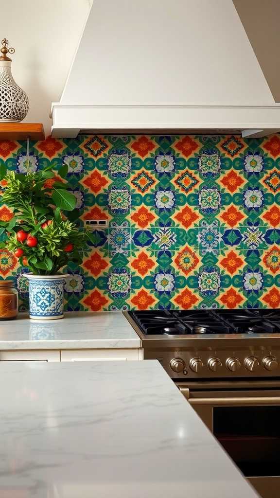 Colorful tile backsplash in a Spanish Mediterranean kitchen with dark wood cabinets.