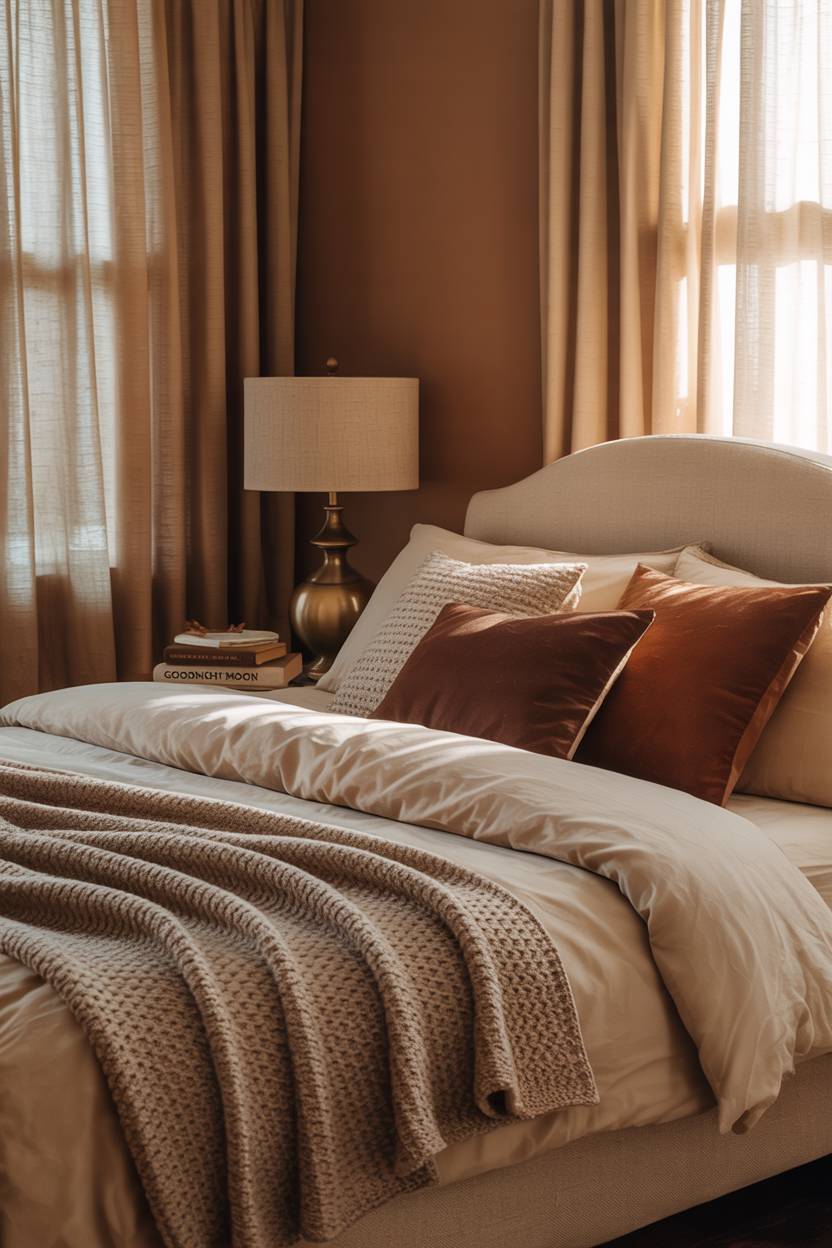 Cozy bedroom with king-sized bed featuring cream duvet and chocolate brown throw pillows