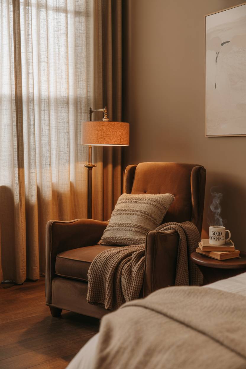 Chocolate brown velvet armchair with knitted throw and vintage floor lamp