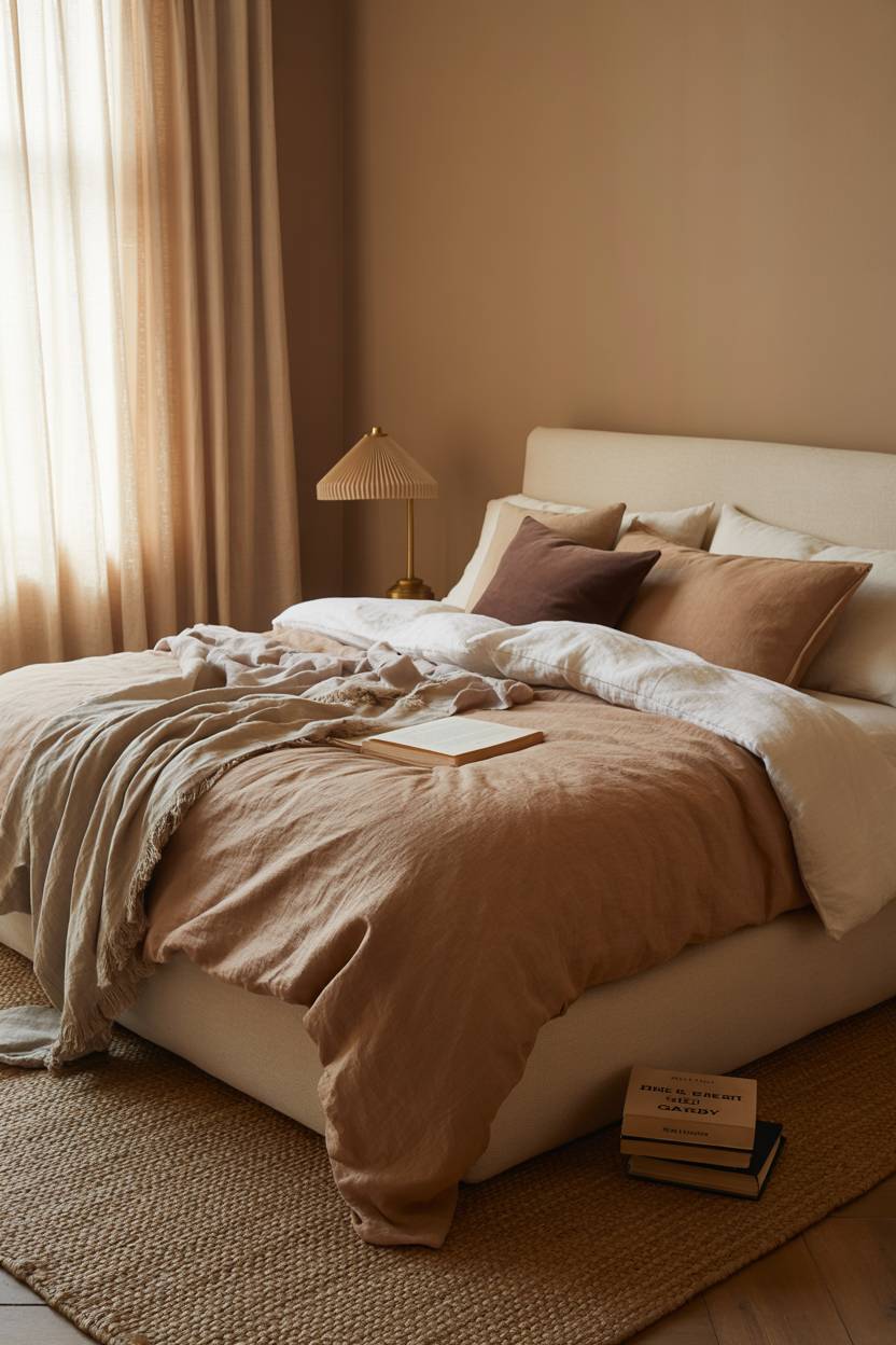 King-sized bed with brown and cream linens against warm beige walls