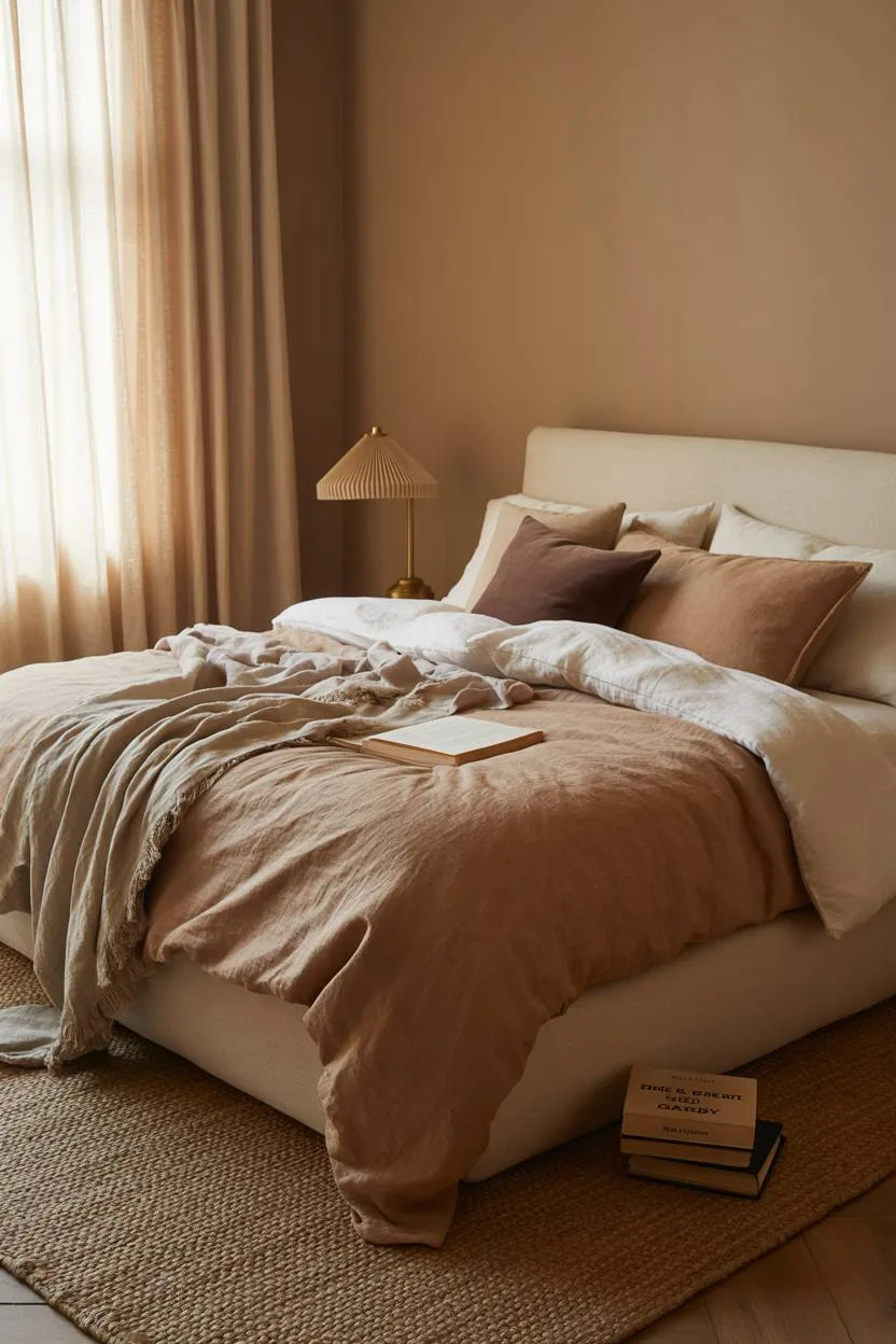 King-sized bed with brown and cream linens against warm beige walls