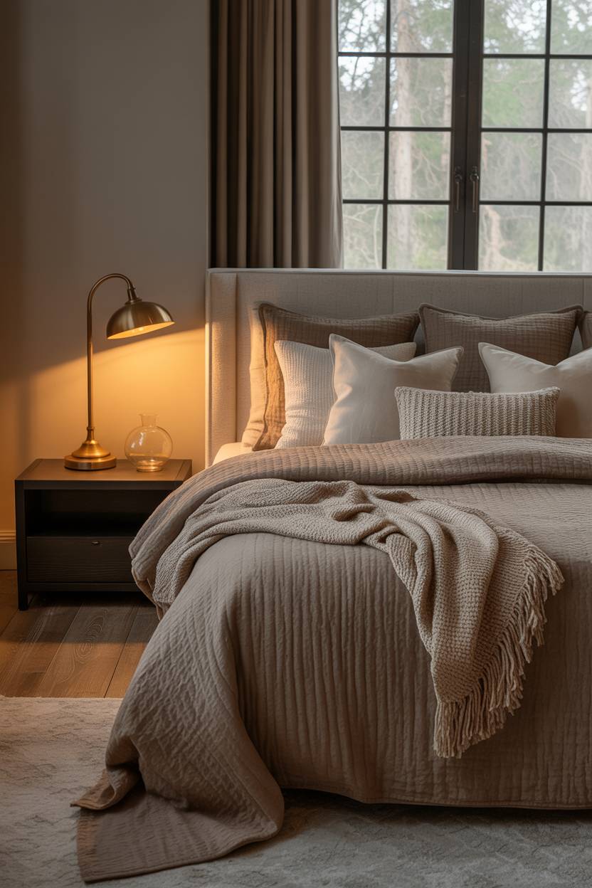 Luxurious bedroom with textured brown linens and forest view window