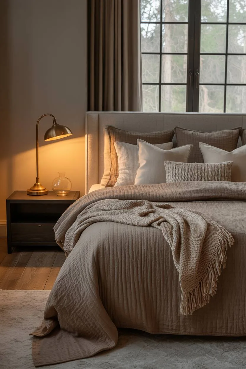Luxurious bedroom with textured brown linens and forest view window