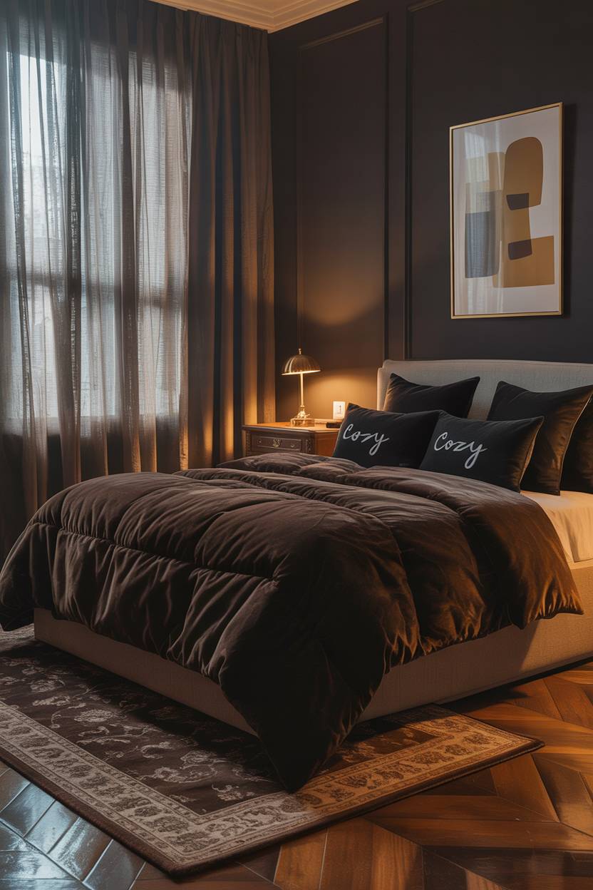 King-size bed with dark brown velvet comforter and black accent pillows
