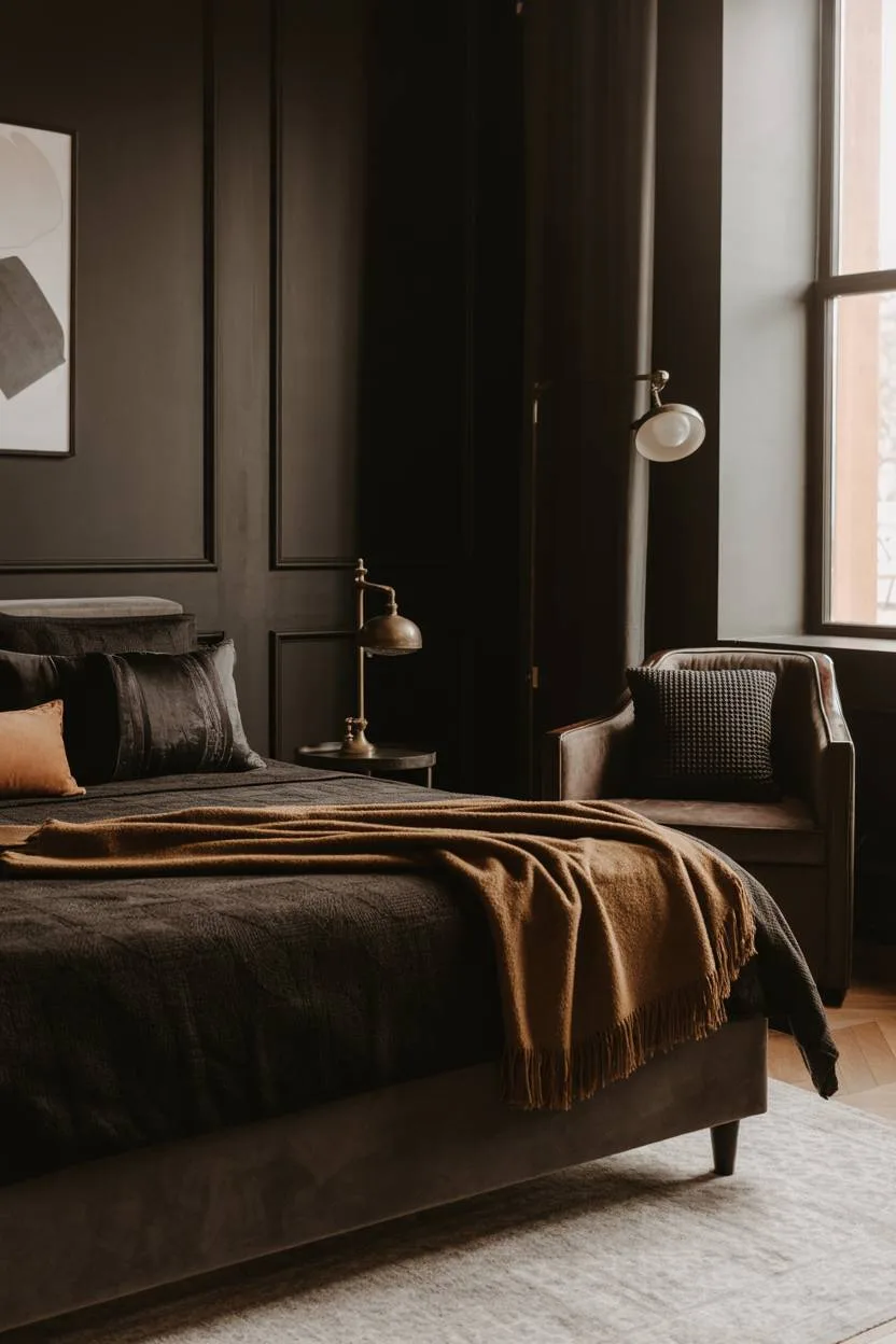 Brown and gray bedroom with minimalist bedside table and brass lamp