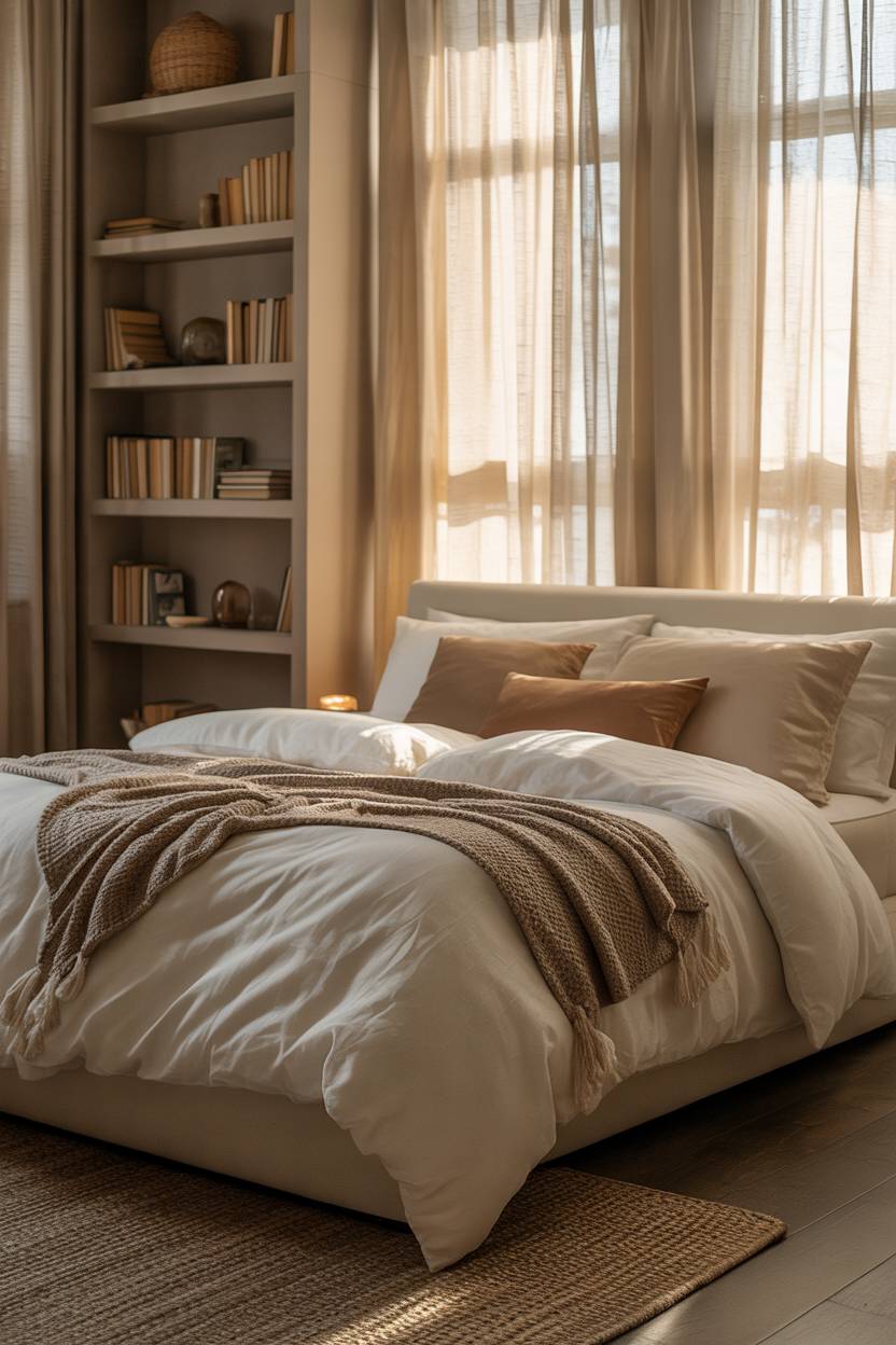 White bed with cream duvet and brown throw pillows and blanket