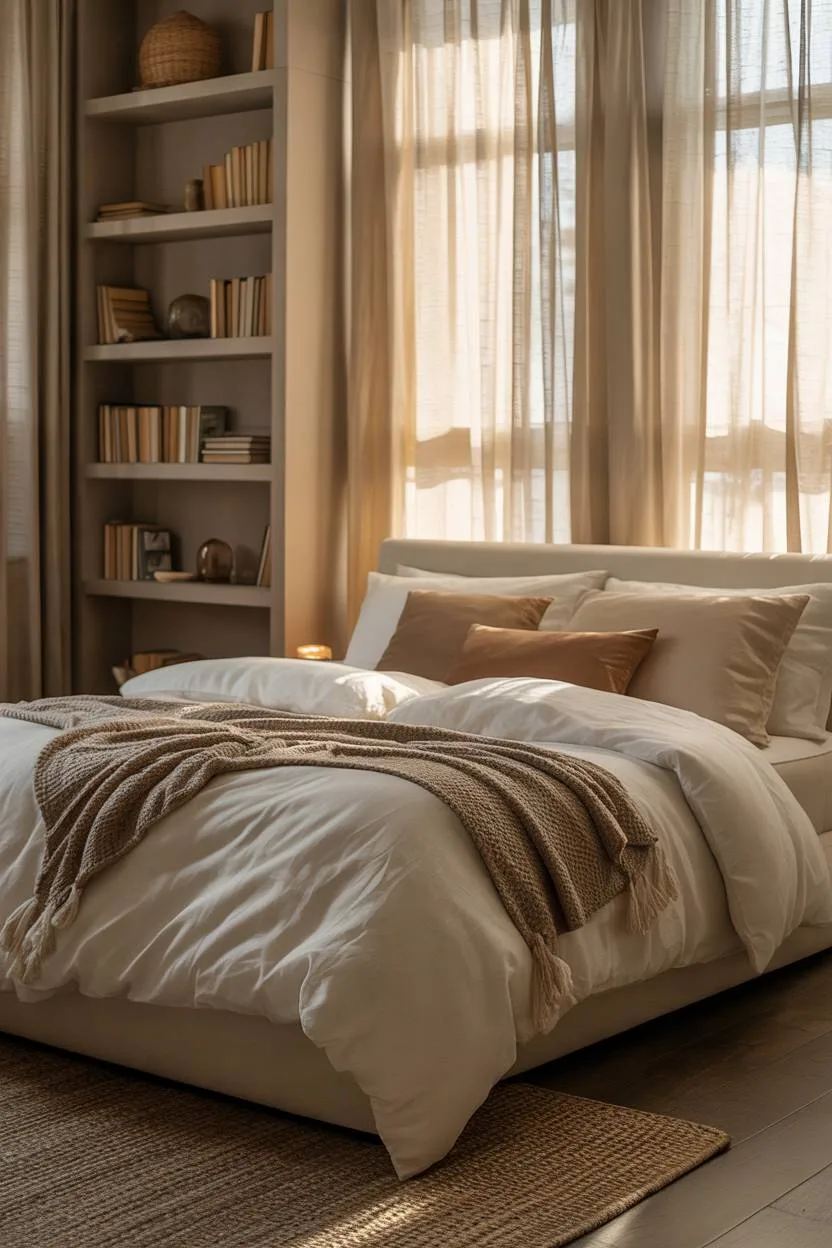 White bed with cream duvet and brown throw pillows and blanket