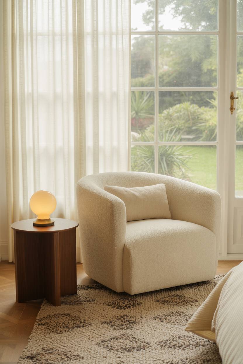 Cream boucle armchair with dark walnut side table and vintage lamp