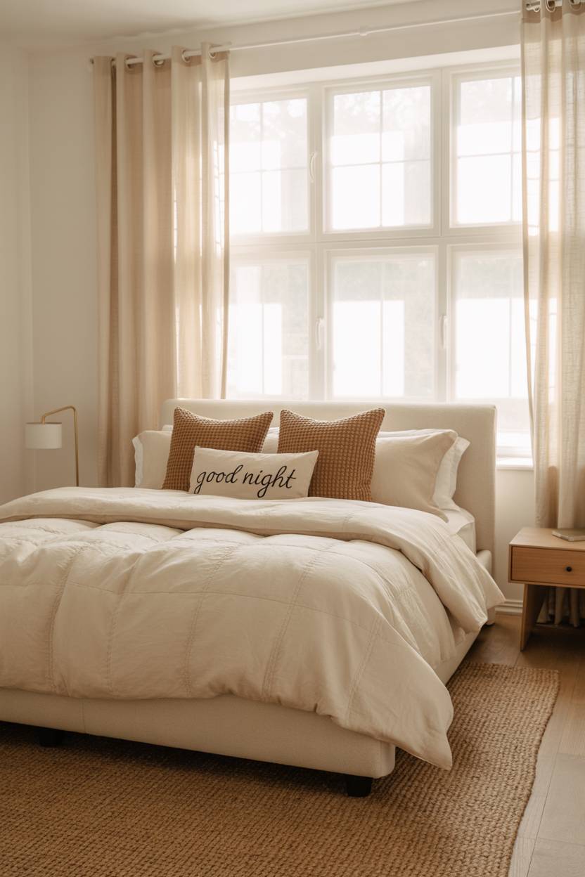 King-sized bed with white duvet and brown pillows on jute rug