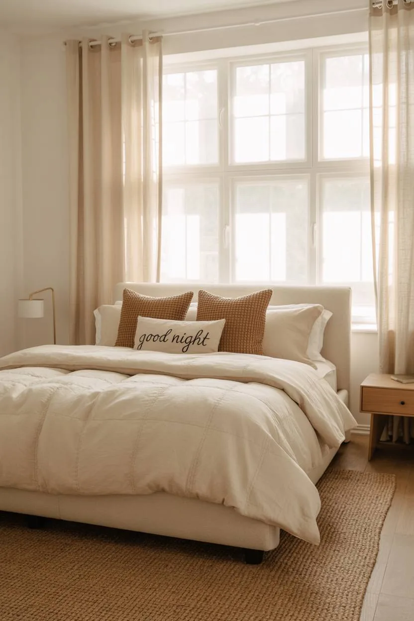 King-sized bed with white duvet and brown pillows on jute rug