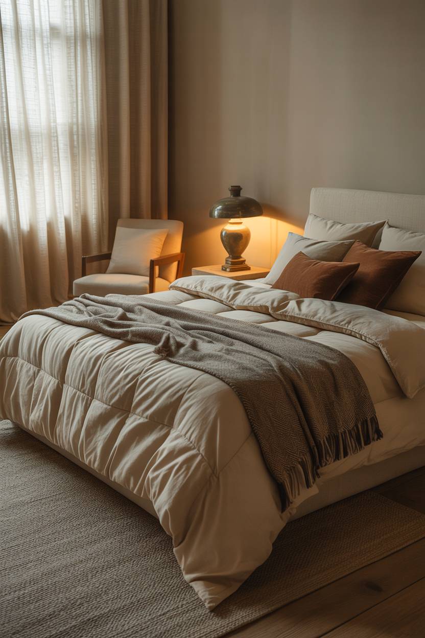 Cream duvet with brown throw pillows and vintage lamp on bedside table