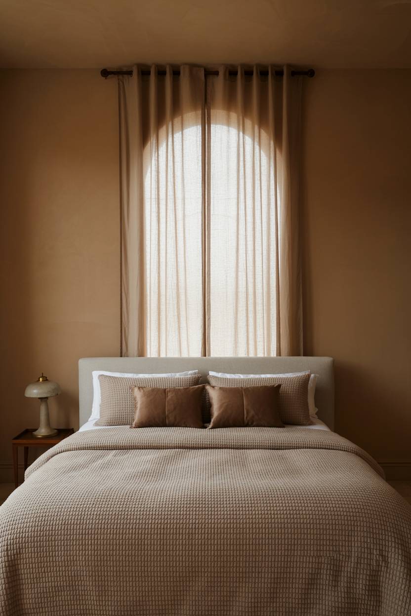 Beige comforter with brown pillows against warm brown painted walls