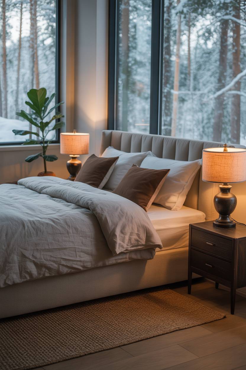 Grey linen duvet with brown pillows, snow-covered forest view