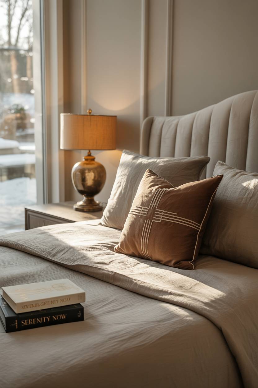 Grey linen bedding with brown geometric pillows and gold-lettered books