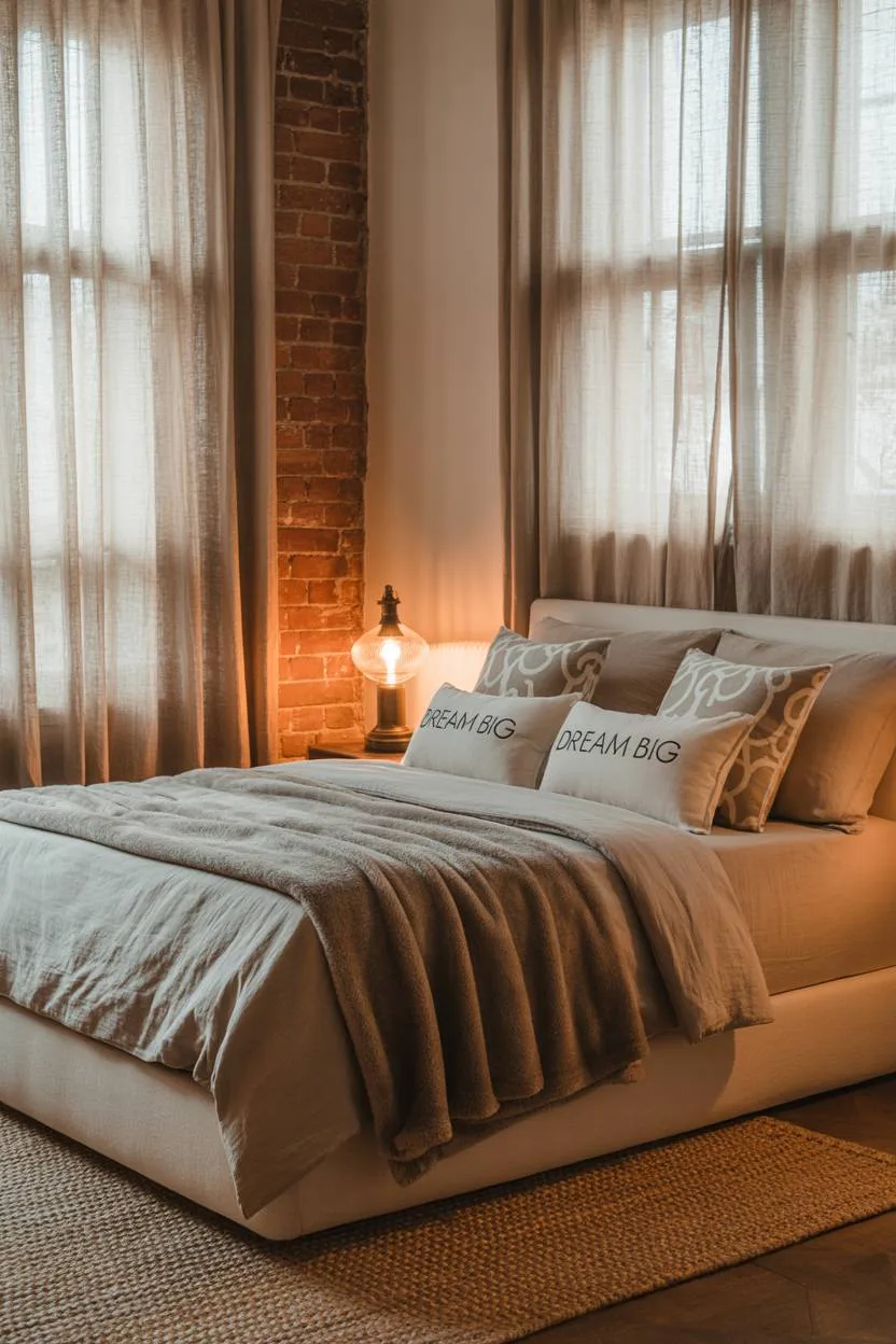 Grey linens with brown throw blanket against exposed brick wall