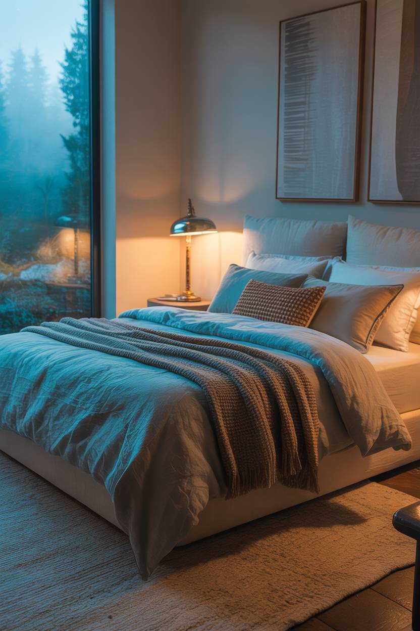 Blue linen bedding with brown throw pillows, misty forest window view