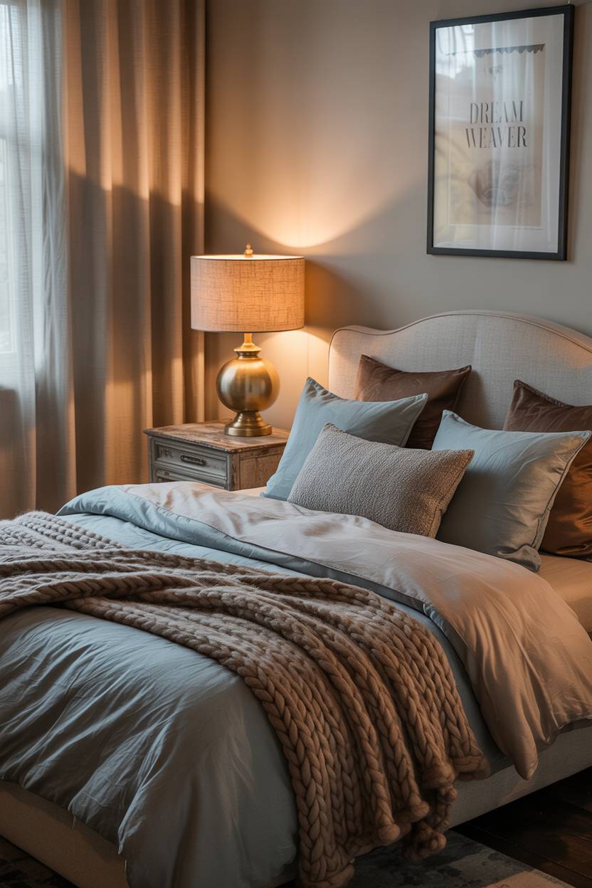 Blue and brown layered bedding with chunky knit throw and brass lamp