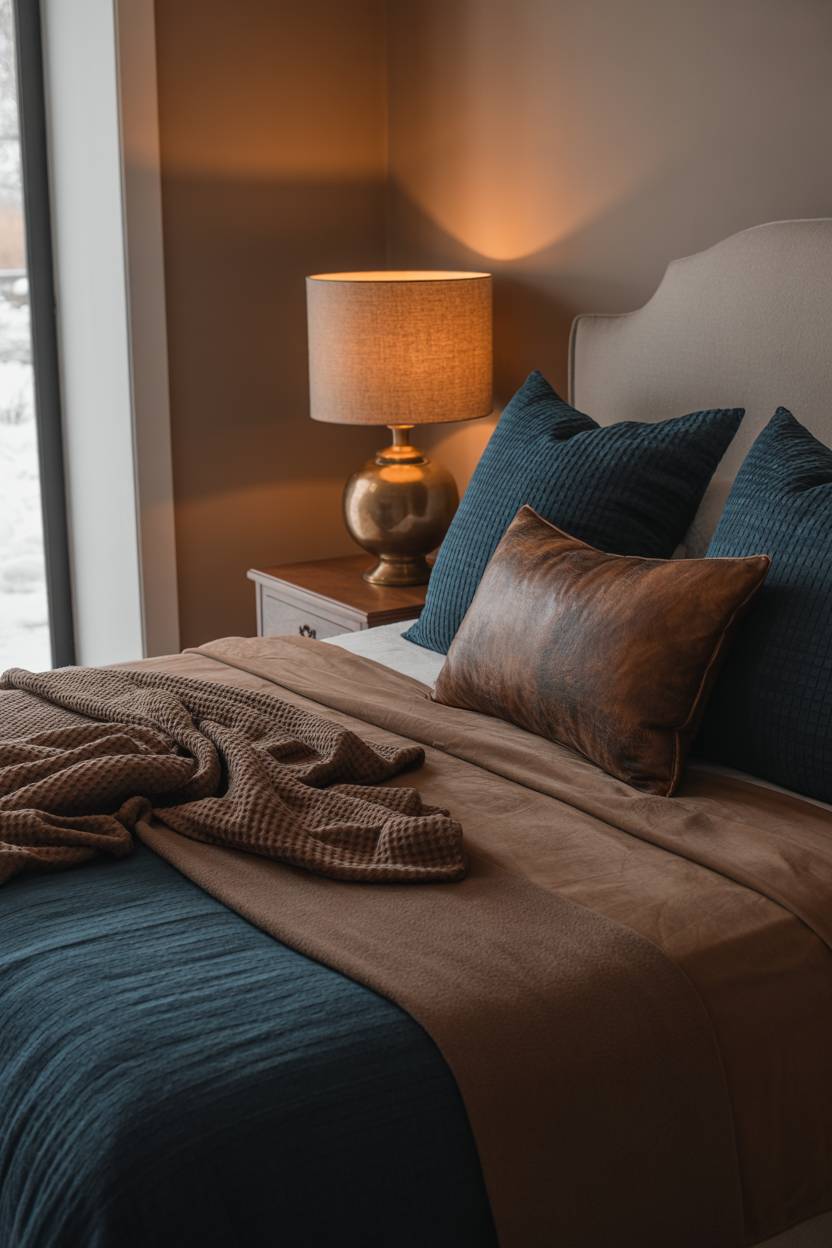 Navy blue and chocolate brown bedding with textured throw pillows