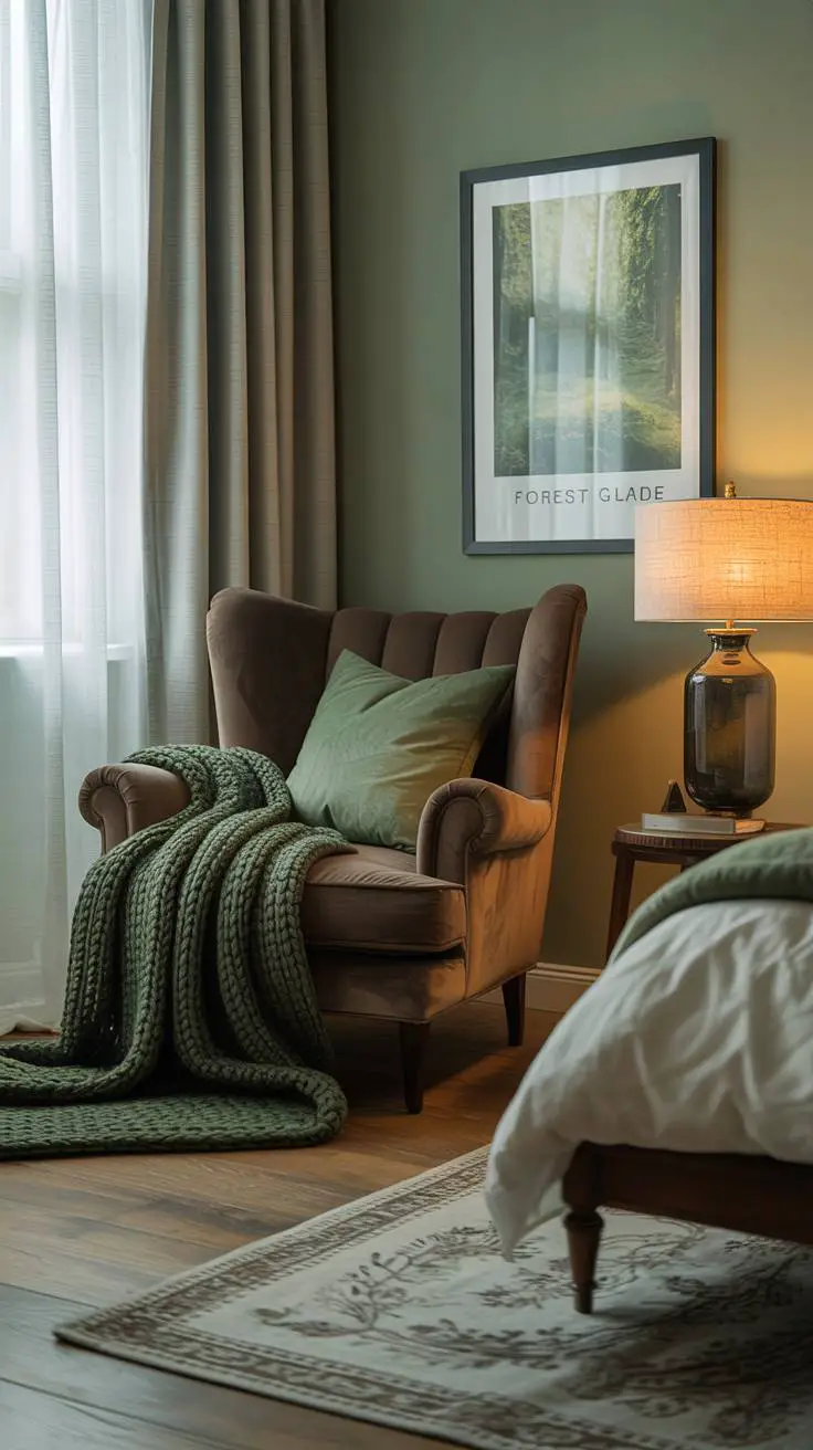Deep brown velvet armchair with moss green knitted blanket near window