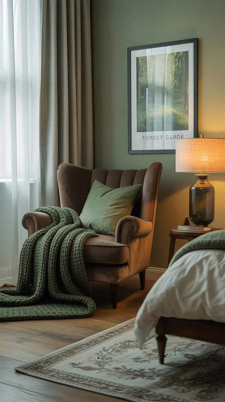 Deep brown velvet armchair with moss green knitted blanket near window