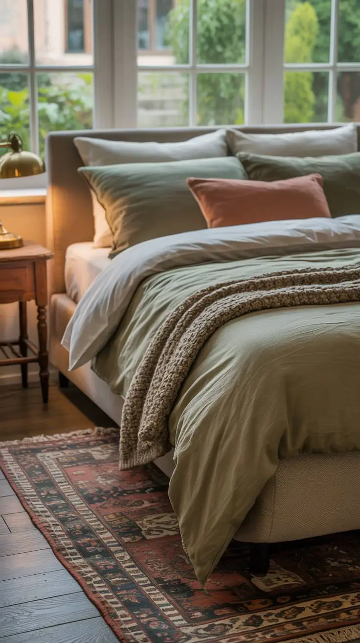 Green and brown textured linens with vintage nightstand and garden view