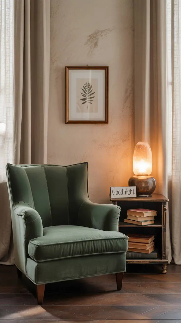 Deep forest green velvet armchair with antique wooden nightstand and botanical print