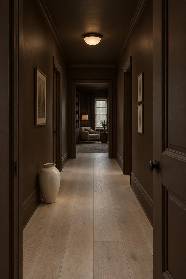 11 Rich Brown Hallway Ideas for a Calm and Welcoming Look 1 Long narrow hallway with chocolate brown walls, trim, and ceiling, a pale oak floor, and one flush ceiling light.