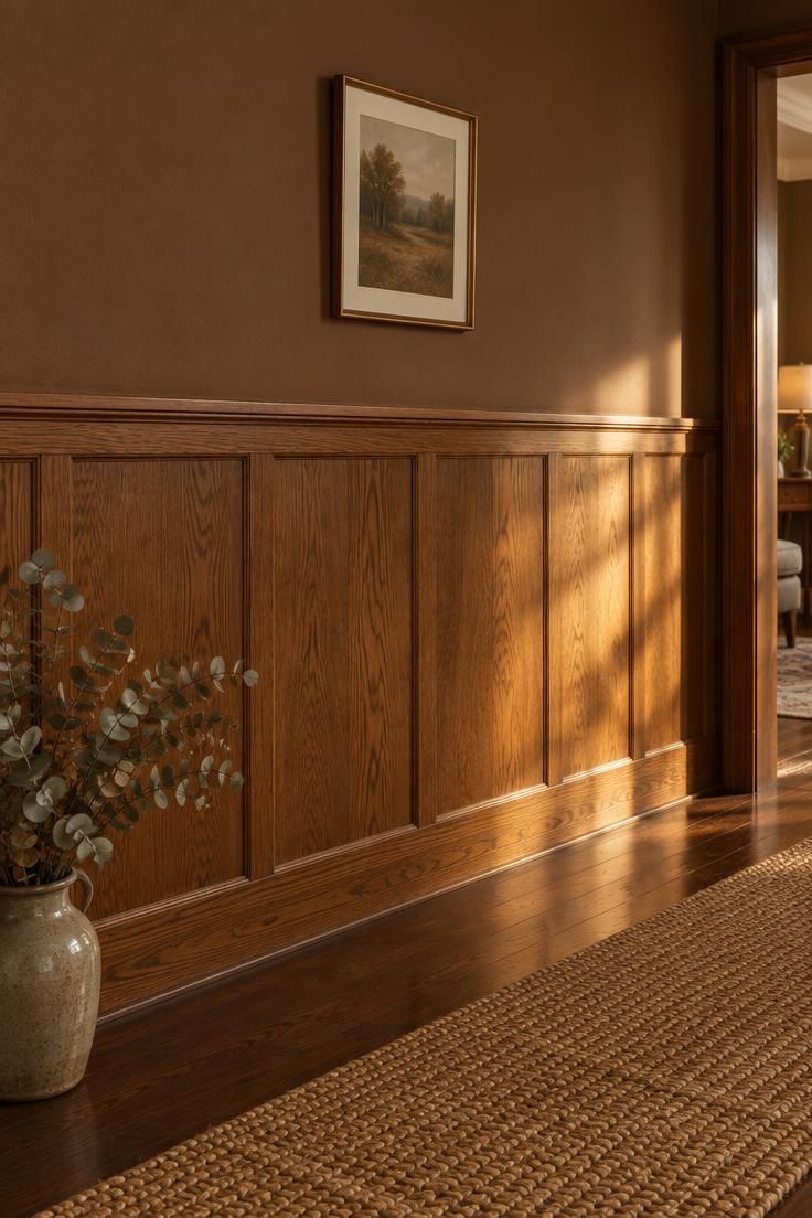 11 Rich Brown Hallway Ideas for a Calm and Welcoming Look 2 Hallway with stained oak wainscoting below a warm mid-brown painted upper wall, a small framed print, and a jute runner.