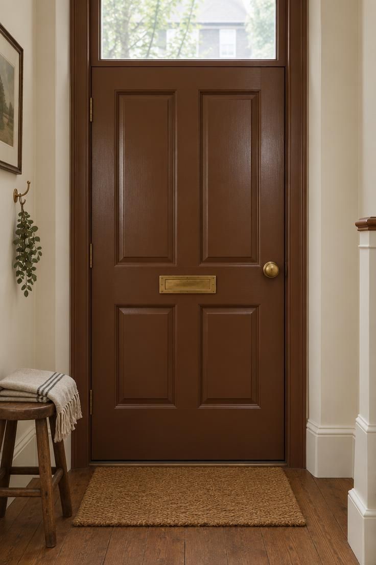 11 Rich Brown Hallway Ideas for a Calm and Welcoming Look 3 Inside face of a paneled front door painted deep cognac brown with brass hardware, flanked by cream walls, with a wooden stool beside it.